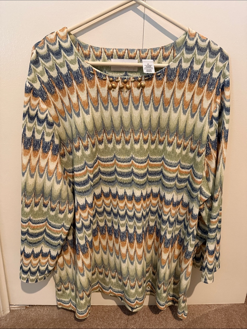 Alfred Dunner Women's Long Sleeve Patterned Knit Top in Olive and Rust